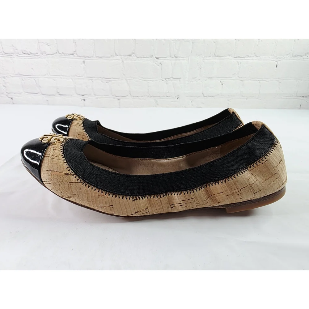 TORY BURCH JOLIE AMAZING CORK BLACK PATENT GOLD LOGO BALLET FLATS SIZE 5.5 M